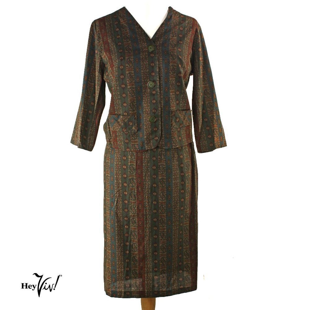 Vintage 50s Two Piece Skirt & Jacket -Metal Zip -S